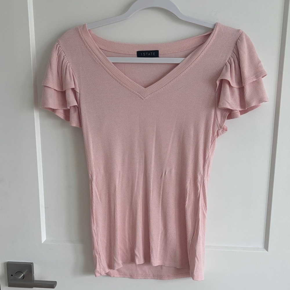 One State Women's Blush Double Ruffle Sleeve Tee